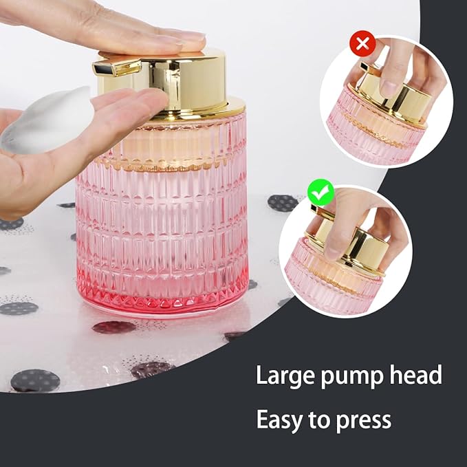 Tonxus 2pcs Foaming Soap Dispenser, Pink Glass Foam Soap Dispenser for Bathroom and Kitchen, 10 Oz Refillable Foaming Pump Bottle with Large Pump, Ribbed Bottle Container Decor