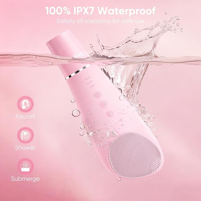 Stepcare Silicone Face Scrubber Blackhead Scraper Rechargeable 2-in-1 Facial Cleansing Brush & Skin Spatula Duo, IPX7 Waterproof Exfoliating Massager Deep Cleansing for Women and Men(Light Pink)