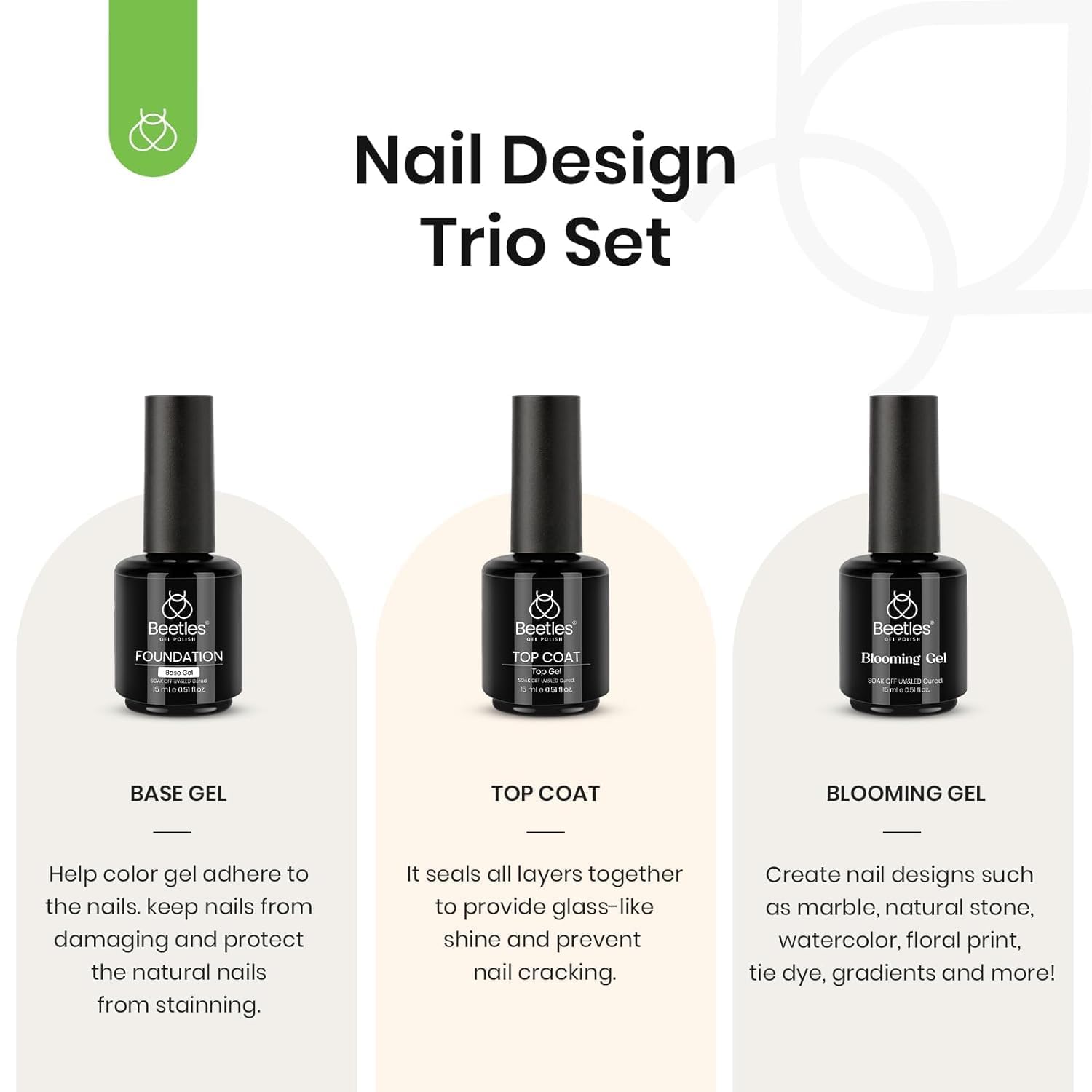Beetles Blooming Gel Polish & No-Wipe Base and Top Coat Set, 3Pcs 15ml