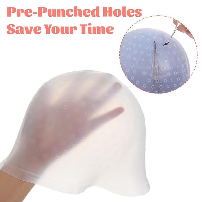 Sibba Hair Highlighting Cap with Punch Holes, Reusable Silicone Hair Coloring Highlight Cap Professional Dye Caps Set with Hook Needle Dual Combs for Home Salon Coloring Frosting