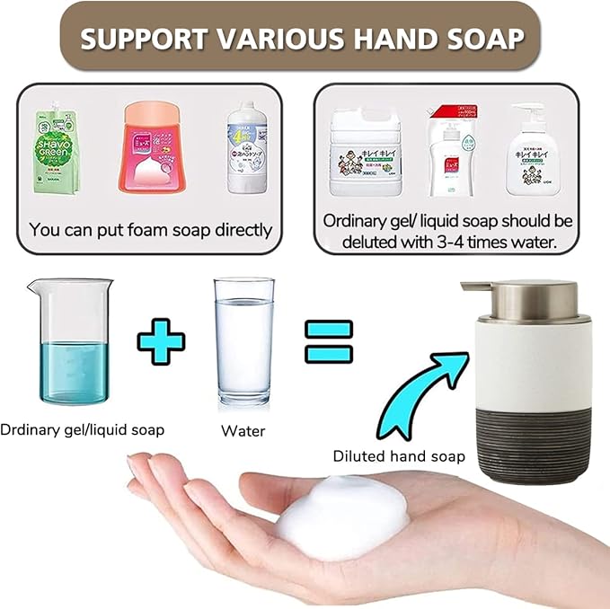 Ceramic Foam Hand Soap Dispenser, 12Oz Countertop Lotion Dispensers for Bathroom with Easy-to-Press Pump, Refillable Liquid Lotion Hand Soap Dispenser, Dish Soap Dispenser for Kitchen