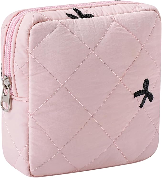 RSRSLEII Small Quilted Cosmetic Pouch for Purse, Mini Cotton Makeup Bag with Compartments, Cute Zipper Lipstick Holder for Women (04Pink Black Bow)