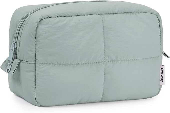 Narwey Travel Makeup Bag for Women Girl, Puffy Padded Make Up Bags Makeup Organizer, Lightweight Toiletry Bag for Cosmetics, Brushes, Travel Essentials (Sage Green)