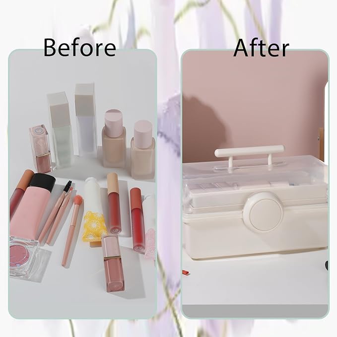 RAMFIYN Pink Makeup Storage, Pink Tackle box for Women with Handle. Cosmetic Storage Box Organizer, Portable 3 Layers Makeup Case for Home