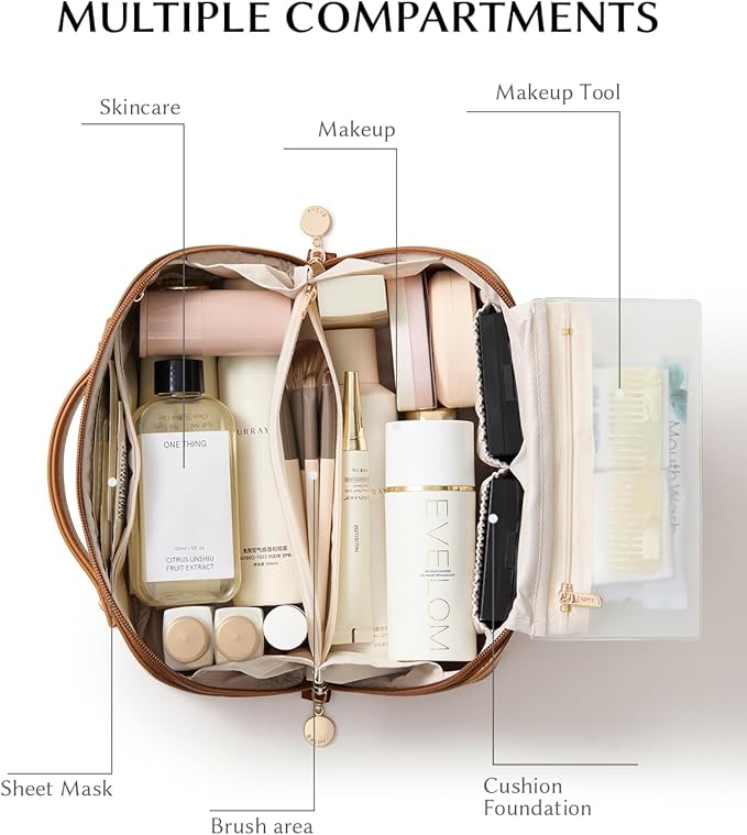 EACHY Travel Makeup Bag, 2.0 Cosmetic Bag for Women, Waterproof PU Leather,Flat Open Portable Toiletry Bag for Skincare, Brushes & Travel Essentials