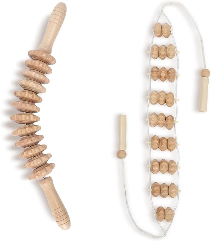 Mr. Woodware Wood Therapy Massage Tools, Lymphatic Drainage Curved Roller Stick, Neck Massager, Foam Roller, Back Scratcher, Rope Massage Kit, Back Massager for Relaxation
