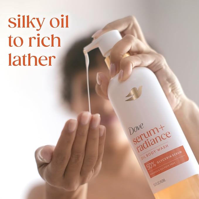 Dove Serum+ Shower Oil Body Wash Radiance, Jojoba & Monoi Flower, 15.3 fl oz I Hydrating shower oil body wash with glycerin serum for soft, radiant skin without greasy residue.