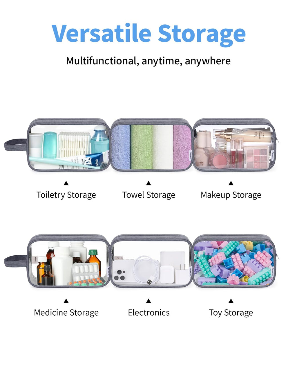 Narwey Clear Travel Toiletry Bags for Traveling Toiletries Men Women, Clear Makeup Bag Cosmetic Bag with Zipper, Make Up Pouch Organizer Bag with Handle, Skincare Beach Snack Medicine Bag, Grey