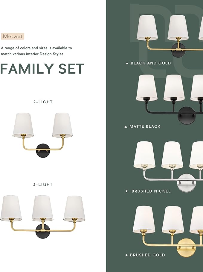Bathroom Light Fixtures, Black and Gold Vanity Lights with Flared White Fabric Shade, 3-Light Wall Sconce, Modern Sconces Wall Lighting for Hallway Bedroom, VL837-KG-3