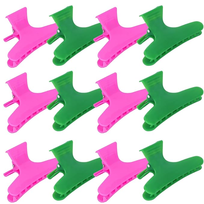 BAHABY Hair Clips for Styling Sectioning 12 Pack Green Hot Pink Butterfly Clamps Hair Claw Clips Pro Salon Hair Clips for Styling, Sectioning, Cutting and Coloring