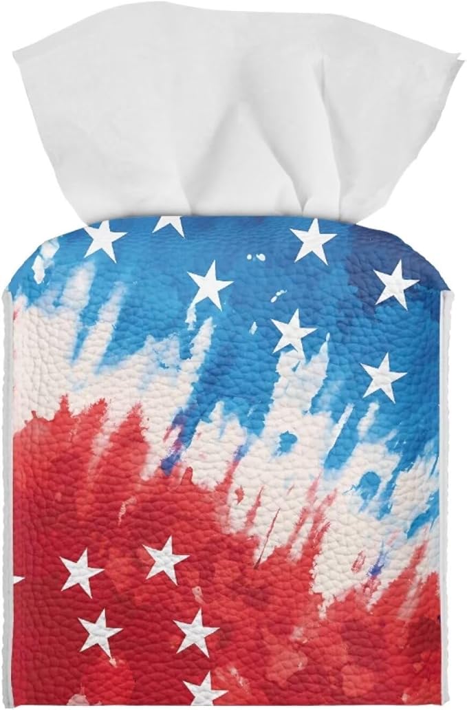 American Tie Dye Decorative Tissue Box Cover, Waterproof PU Leather Square Holder with Metal Button, Protective Napkin Case for Bathroom Countertop, Office Desk, and Car Interior