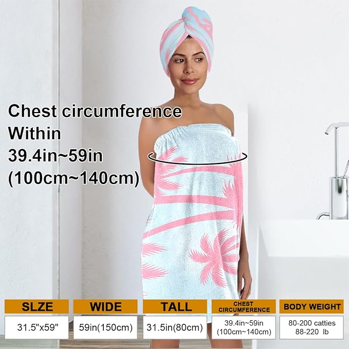 Palm Tree Towel Wrap for Women with Hair Turban – Tropical Quick Dry Microfiber Bath Skirt Set – Shower Wrap with Adjustable Closure for Girls, Spa, Travel, Beach, Dorm (Palm Tree)