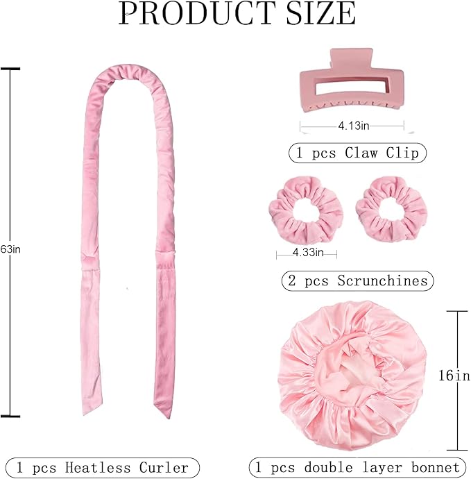 Heatless Hair Curler and Double Layer Satin Bonnet Set for Overnight Curls - No Heat Curling Rod with silk Bonnet, Sleep-In Safe for Long/Medium Hair, Frizz-Free Waves & Volume(Pink)