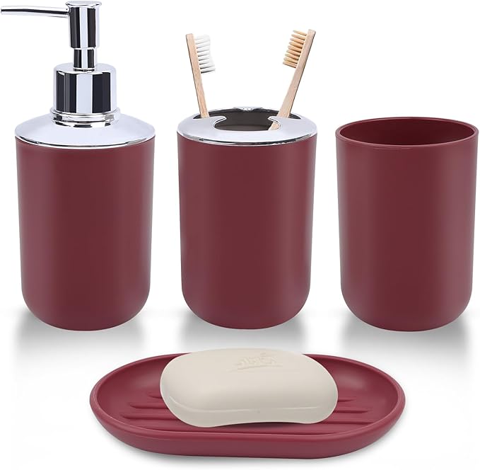 LGURT Red Bathroom Accessories Set, 4-Piece Plastic Bathroom Set with Soap Dispenser, Toothbrush Holder, Rinse Cup & Soap Dish, Bold Red Bathroom Decor for Home