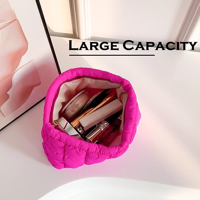 HFLZBRO Puffy Quilted Makeup Bag for Women, Cosmetic Bag, Travel Toiletry Organizer Pouch Clutch (rose)