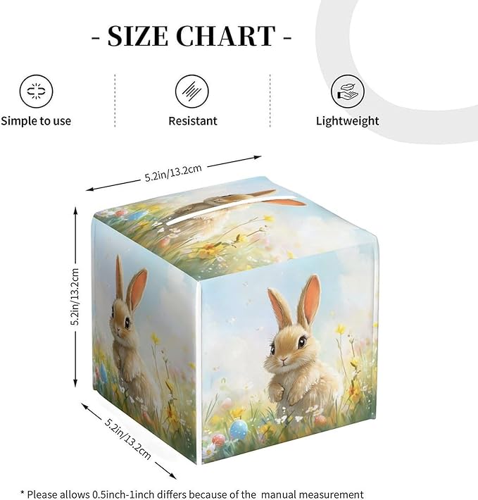 Buuny Tissue Box Cover Easter Leather Tissue Box Holder Square Facial Paper Organizer Dispenser for Bathroom Kitchen Bedroom Vanity Countertop Night Stands