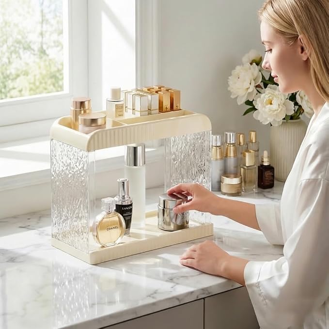 Bathroom Countertop Organizer, 2 Tier Makeup Storage Counter Shelf, Perfume Stand Vanity Holder Skincare Cosmetic Lipstick Dresser Office Tray for Bedroom Living Room Dressing Table, Acrylic