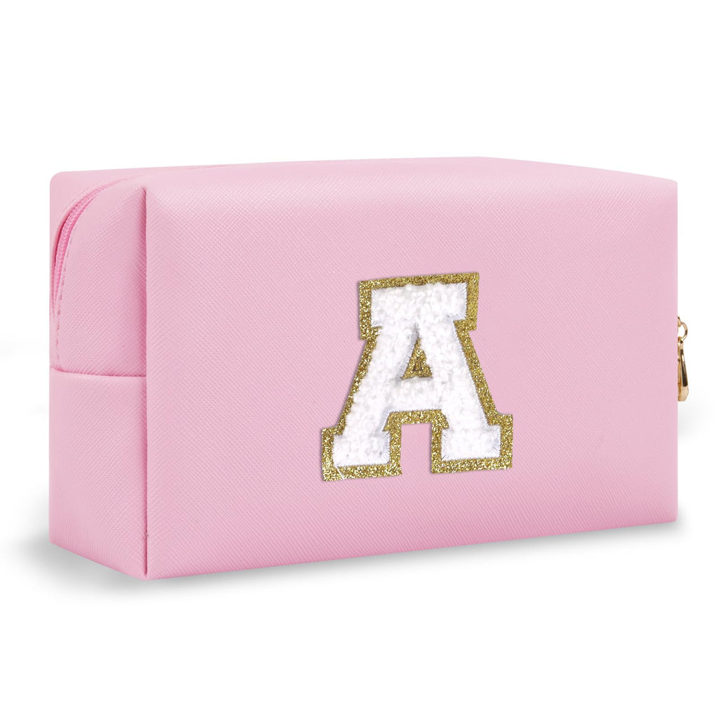 Bride Gifts – Personalized Initial Makeup Bag with Pearl Rhinestone Patch, Preppy White Monogram Cosmetic/Toiletry Pouch, bridesmaid Gifts, Bridal Shower Gifts, Wedding Gifts, Bridal Gifts,U — A