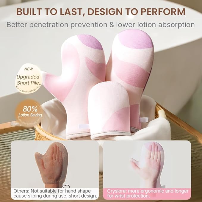 Cryslora Tanning Mitt, Reusable Lotion Applicator, Anti-Sliding tanning gloves for small hands (Short-Pile)