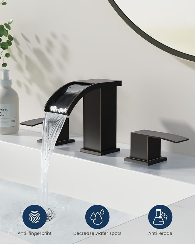 gotonovo Waterfall 8 inch Widespread Bathroom Faucet Set Bathroom Sink Faucet 3 Hole 2 Handle Vanity Lavatory Deck Mount with Pop Up Drain and Water Supply Lines Square Body Oil Rubbed Bronze