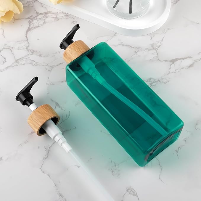 Shampoo and Body soap Dispenser, 16.9 Ounce 3-Pack Reusable Shampoo and Conditioner Bottle, pushable Bamboo Pump Empty Shampoo Bottle, Suitable for Other Bathroom scenarios (Green)