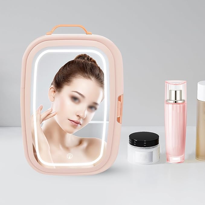 REHOUPTU Cosmetic Fridge with LED Mirror & Adjustable Shelves, 12V/110V Mini Skincare Refrigerator for Bedroom, Vanity, Office, 4 Gal, Gift for Women (Pink)