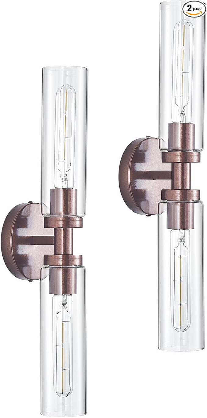 2 Light Bathroom Wall Sconces Set of 2,Modern Farmhouse Bronze Bathroom Light Fixture Over Mirror with Clear Glass Shade,Bathroom Vanity Light for Hallway Cabinet Bedroom Stairway Porch