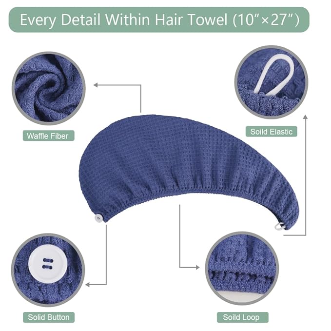 Dolwis Microfiber Hair Drying Towel - 2Packs Waffle Long Hair Head Turban Wraps Terry Cloth Fast Absorbent Dry Anti Frizz Twist Plopping Curly Shower Turban for Women Wet Hair (Dark Blue)