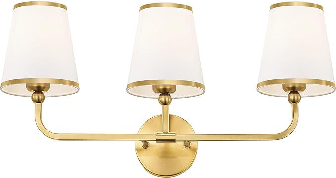 3-Light Bathroom Light Fixtures, Brushed Gold Vanity Lights Over Mirror with White Fabric Shade, Modern Sconces Wall Lighting for Hallway Bedroom, VL837-BG-X-3