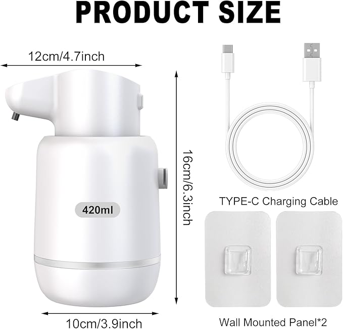 Automatic Soap Dispenser, Rechargeable & Touchless with 4 Adjustable Levels, 15oz/420ml, Waterproof, Wall Mountable for Kitchen, Bathroom, Hotel (Foam, White)