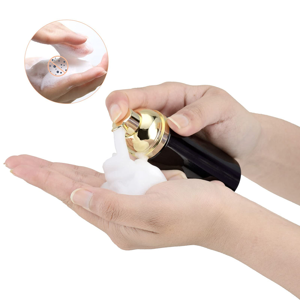 Owlyee Travel Foam Pump Bottle - 2oz Small Size Foaming Hand Soap Dispenser - Mini Portable Mousse Lash Shampoo Kit Container for Hair - Empty Leak Proof Plastic Gold&Black Foamer 30Pack