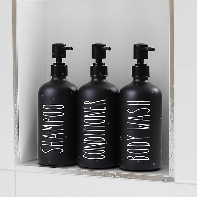 HOMCDALY Shampoo and Conditioner Dispenser Set of 3, 21oz Shower Soap Bottles with Pump, Refillable Shampoo Conditioner Body Wash Dispenser, Bathroom Shower Shampoo Bottles, shampoo container(P-Black)
