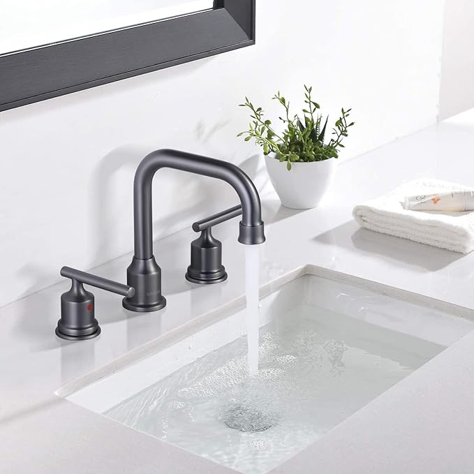 WOWOW Widespread Bathroom Faucet Brass Bathroom Sink Faucet Dark Grey Vanity Tap 3 Hole with Drain and Supply Lines, 2 Handle Basin Mixer Taps 3 Pieces