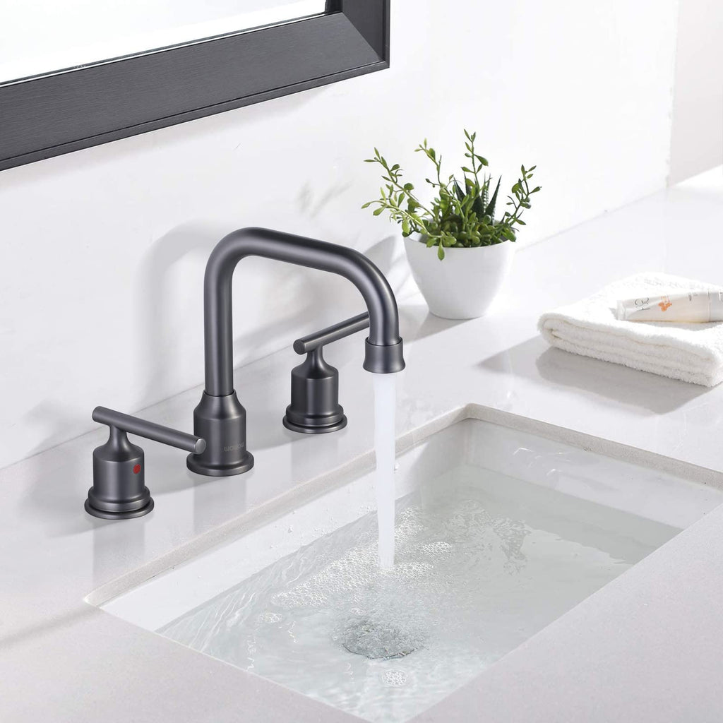 WOWOW Dark Grey Bathroom Faucet 3 Hole, Widespread Vanity Sink Faucets