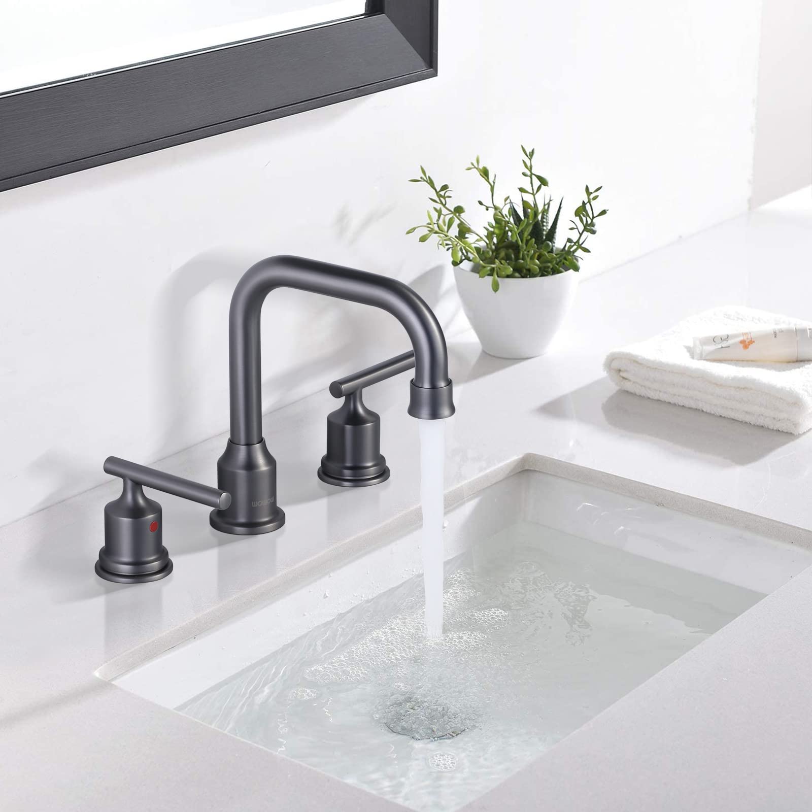 WOWOW Dark Grey Bathroom Faucet 3 Hole, Widespread Vanity Sink Faucets