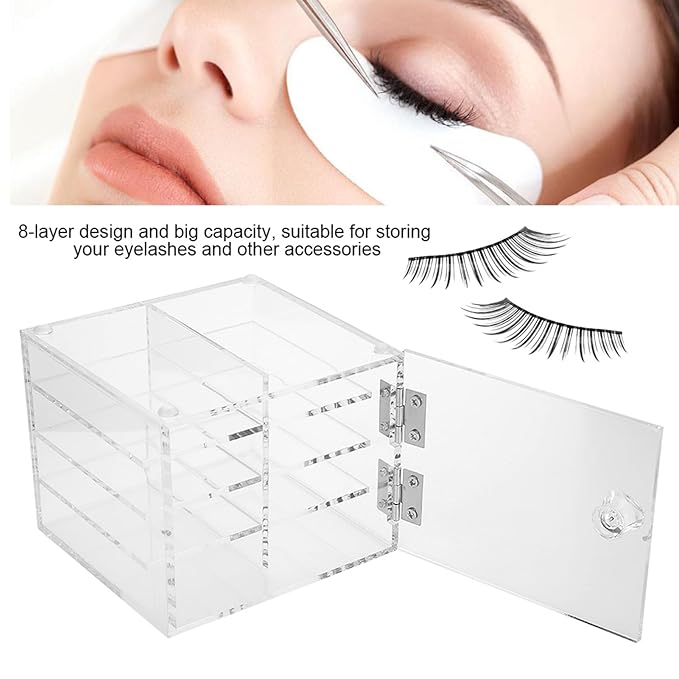 Eyelash Extension Carrying Box Transparent Acrylic 8 Layer Storage Case for False Eyelashes Makeup Accessories Professional Salon Use Durable Sustainable 11.8 x 11.3 x 9.5 cm