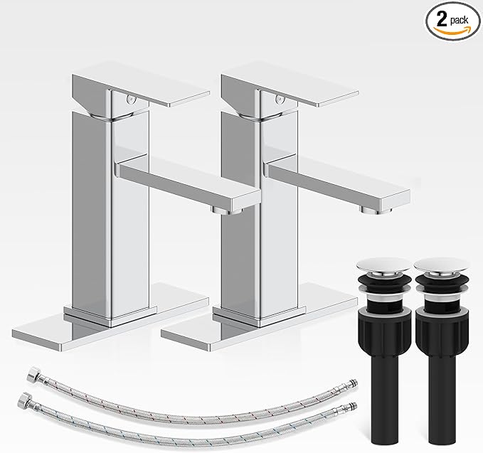 Bathroom Faucet-2 Sets, Bathroom Sink Faucets with Pop-up Drain and Deck Plate, Stainless Steel Faucets for Sink 3 Hole, Single Handle Vanity Faucet for Vessel, Chrome