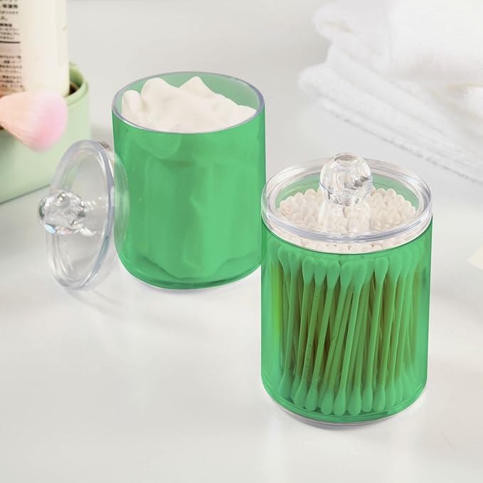Navy Green Qtip Holder Organizer Dispenser Cotton Swabs Cans Plastic Jars with Lid Set 4 Pack Bathroom Storage Canister for Cotton Ball Floss Cotton Pads