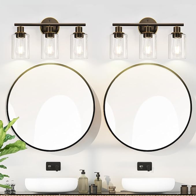 Zarbitta 3-Light Bathroom Light Fixtures, Brown and Gold Bathroom Wall Lights, Modern Vanity Light with Clear Glass Shade, Bathroom Wall Lamp for Mirror Hallway Cabinet