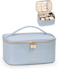 Prite Makeup Bag, Large Capacity Cosmetic Bag for Women and Girls, Waterproof PU Leather Travel Makeup Case, Toiletry Organizer with Handle and Divider for Skincare and Brushes - Blue