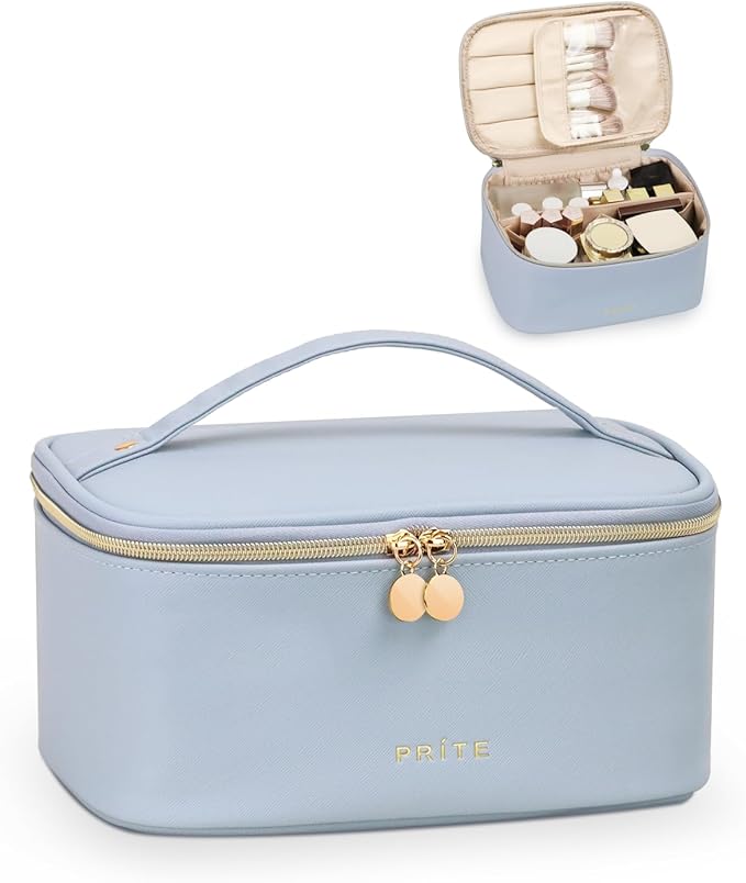 Prite Makeup Bag, Large Capacity Cosmetic Bag for Women and Girls, Waterproof PU Leather Travel Makeup Case, Toiletry Organizer with Handle and Divider for Skincare and Brushes - Blue