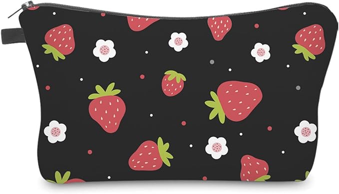Aiphamy Cute Travel Makeup Bag Cosmetic Bag Small Pouch Gift for Women (Strawberry Black)