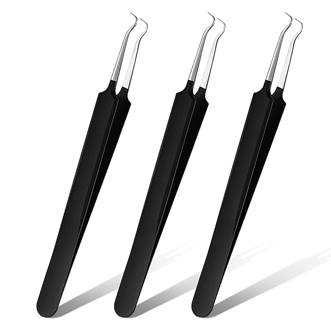 Honoson 3 Pcs Blackhead Tweezer Stainless Steel Pimple Tweezers Tool for Remove Zit Whitehead Pimple Bend Curved Extractor Tweezer Skin Blackhead Remover Tools(Black)