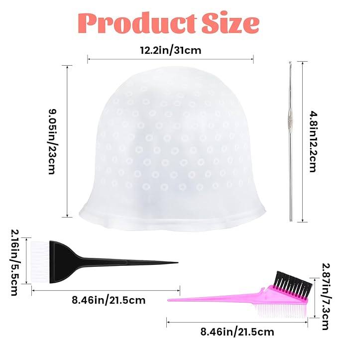 Sibba Hair Highlighting Cap with Punch Holes, Reusable Silicone Hair Coloring Highlight Cap Professional Dye Caps Set with Hook Needle Dual Combs for Home Salon Coloring Frosting