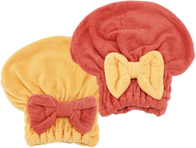 Tihebax 2Pcs Microfiber Hair Towel Wrap for Women Hair Drying Cap Hair Plopping Cap Hair Drying Towel Wrap Head Towels Wrap for Women Curly Hair (Red and Yellow)
