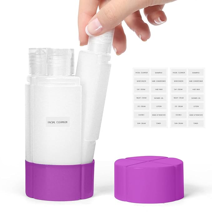 Olatay Travel Bottle, TSA approved 4-in-1 Leak-Proof Bottle, 4 * 60ml/2oz, with 2 Pre-printed Labels for Travel Gym Camping, Carry-On Travel Size Toiletries Shampoo Lotion Bottle for Women Men(Purple)
