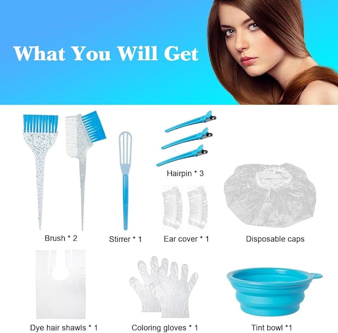 MOONMINI Hair Dye Color Brush and Bowl Set, Color Bowl Brushes Tool Mixing Bowl Kit Tint Comb for Hair Tint Dying Coloring Applicator (Light Blue&Clear)