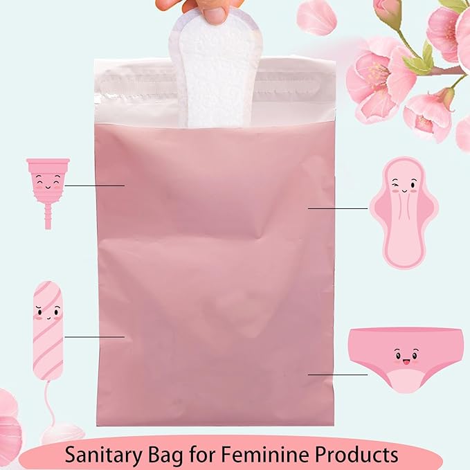 Sanitary Napkin Disposal Bags, 100Pcs Disposable Period Trash Bags, Feminine Hygiene Bags for Pads and Tampons, 1.67 Mil Pink Self-adhesive Feminine Product Disposal Bags for Blocking Odors, 6.7x9.8IN