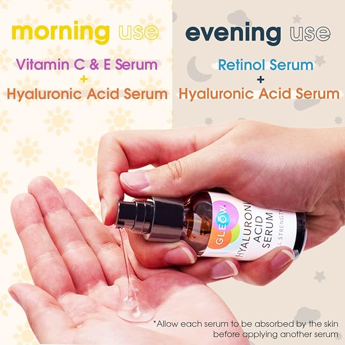 GLEOW Skincare Set: Retinol, Vitamin C, and 99% Hyaluronic Acid Serum, Face Serum Set Targets Appearance of Uneven Skin and Dryness, Total Package Serum Set 3x1 oz