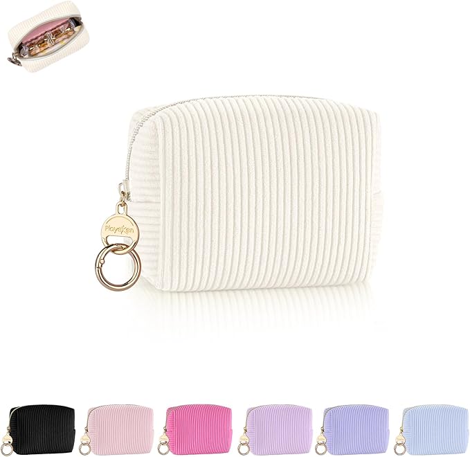 Playexen Mini Makeup Bag, Corduroy Small Cosmetic Bag for Purse, Beige